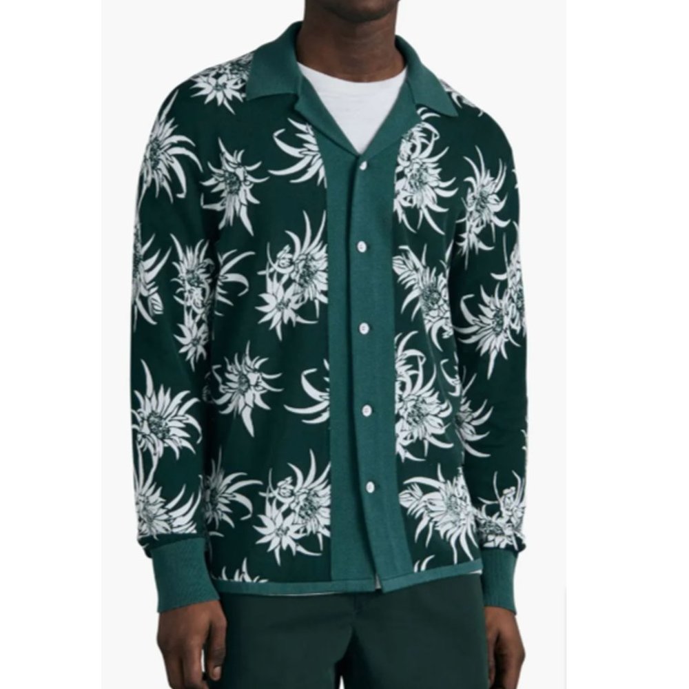 rag & bone Men's Lorne Floral Knit Button-Down Shirt Sweater, Green (S/M)